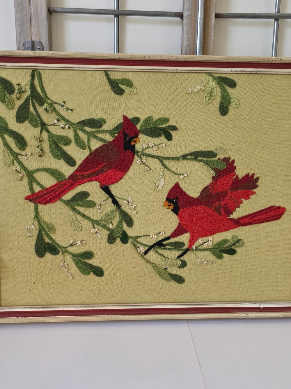 Vintage Mid Century Modern Crewel Embroidery Cardinals Mistletoe Framed Wall Art - Picture 8 of 16